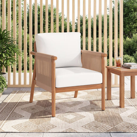 Patio Acacia Wood Chair Set of 2 with Woven Rope Armrests and Seat Back Cushions for Backyard-White