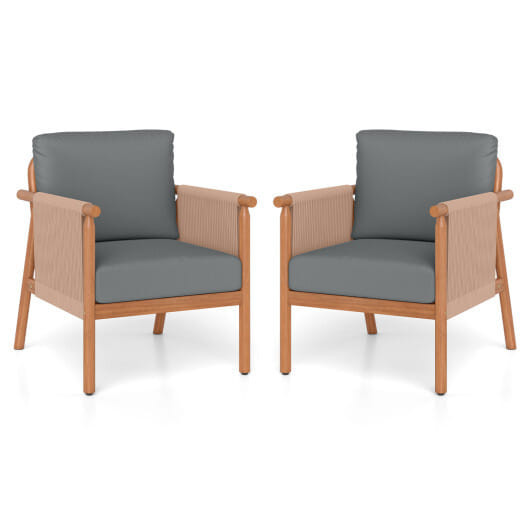 Patio Acacia Wood Chair Set of 2 with Woven Rope Armrests and Seat Back Cushions for Backyard-White