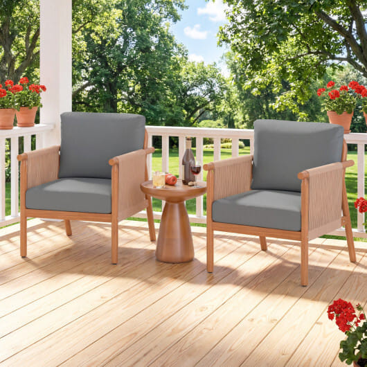 Patio Acacia Wood Chair Set of 2 with Woven Rope Armrests and Seat Back Cushions for Backyard-White