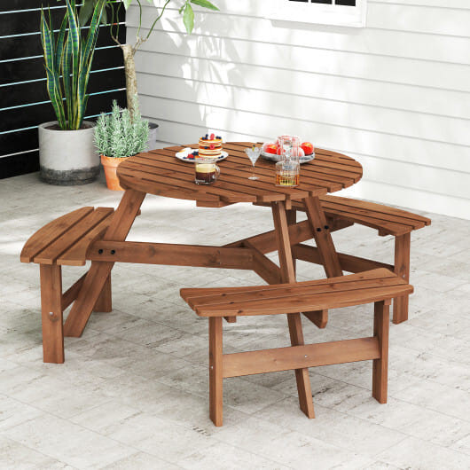 6-Person Round Picnic Table Set with 3 Built-in Benches and Umbrella Hole-Brown