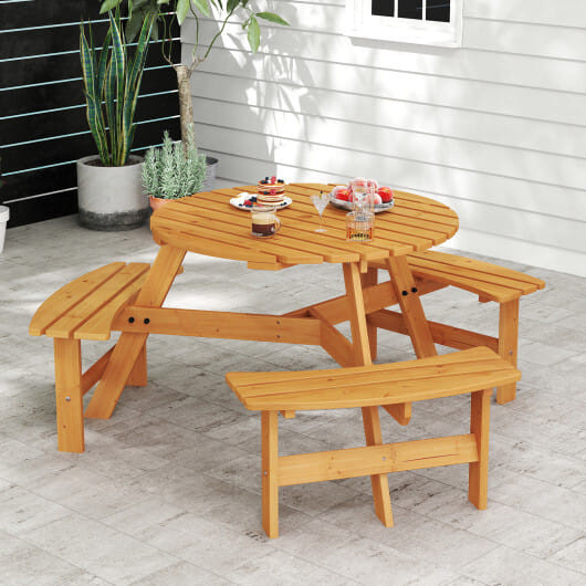 6-Person Round Picnic Table Set with 3 Built-in Benches and Umbrella Hole-Brown
