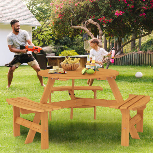 6-Person Round Picnic Table Set with 3 Built-in Benches and Umbrella Hole-Brown