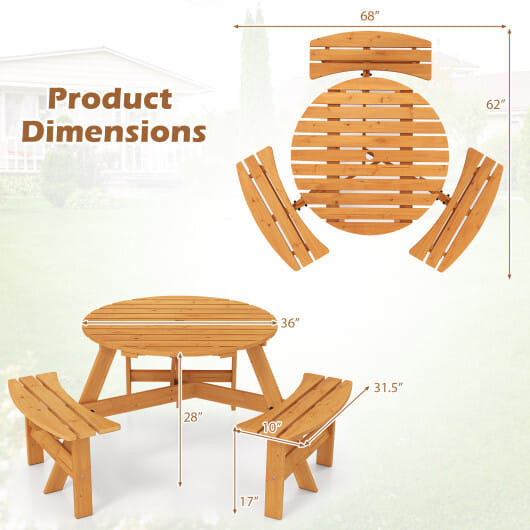 6-Person Round Picnic Table Set with 3 Built-in Benches and Umbrella Hole-Brown