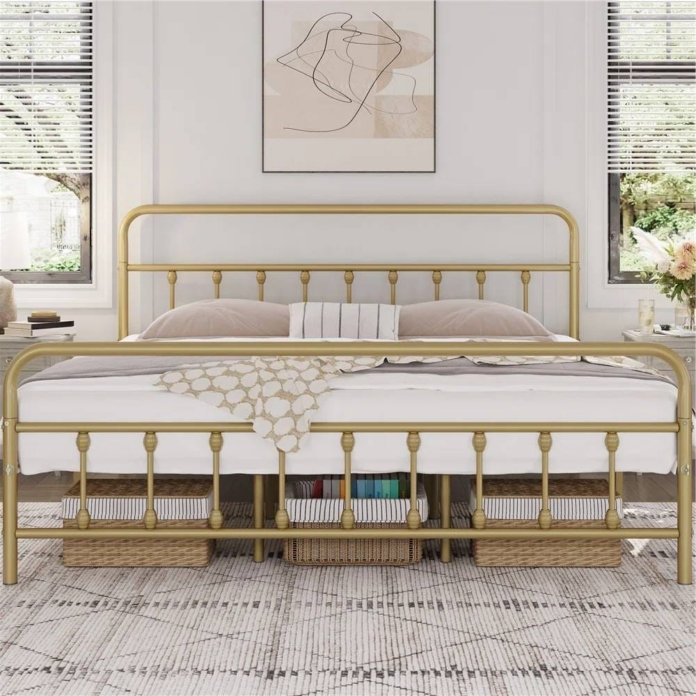 King size Vintage Antique Gold Metal Platform Bed Frame with Headboard Footboard