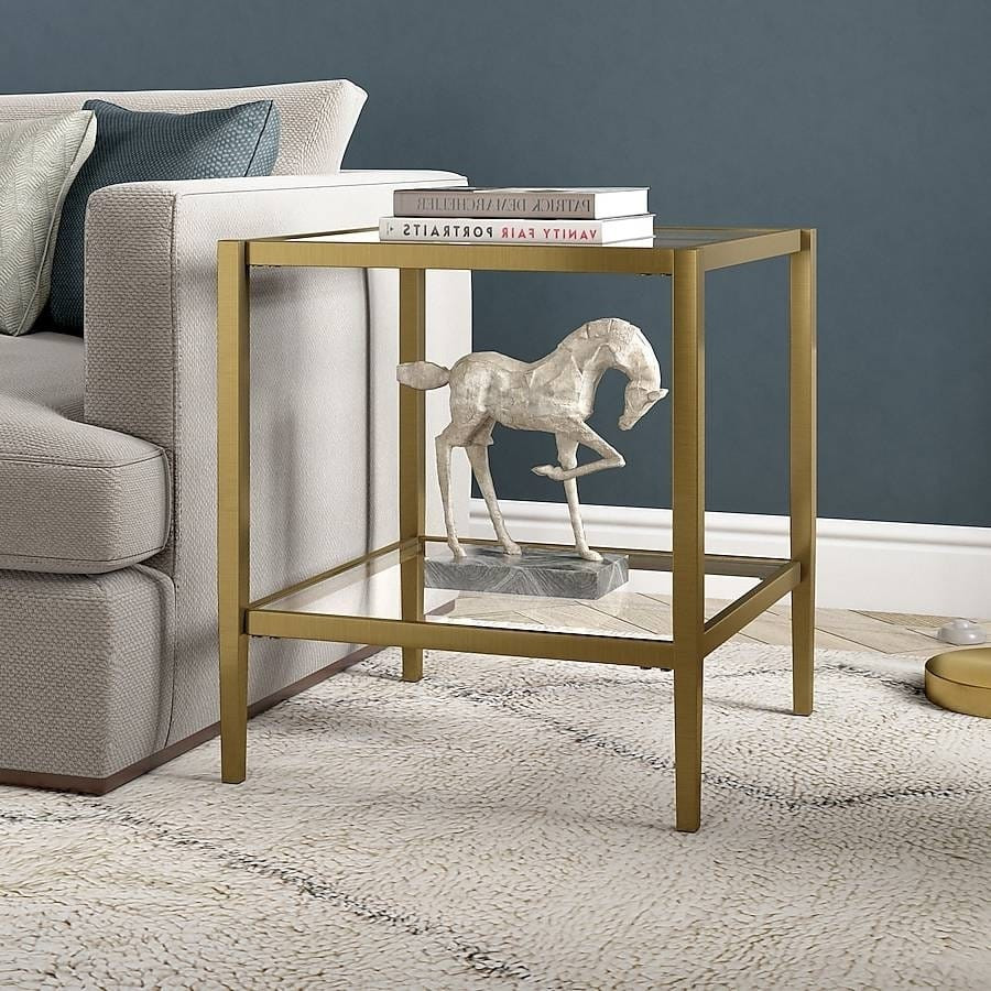 Square Side Table Gold Antique Brass Metal Glass Top Bottom Shelf Sofa Table