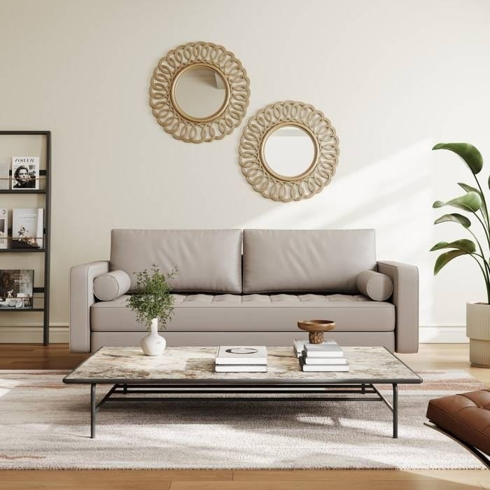 Beige Upholstered Faux Leather Sofa w/ Pillows Solid Hardwood Legs