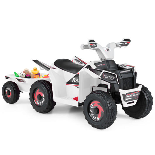 6V Kids Electric ATV Quad Car with Detachable Trailer-White