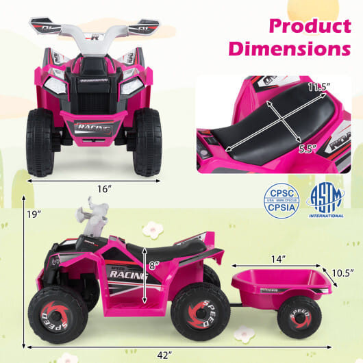 6V Kids Electric ATV Quad Car with Detachable Trailer-White