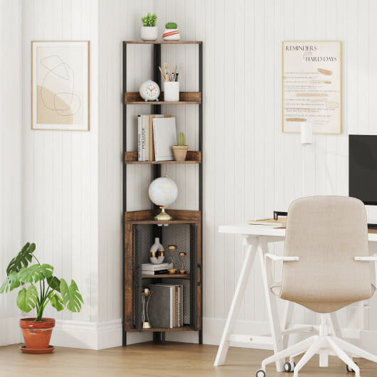 6-Tier Corner Shelf 67 Inches Tall Corner Bookshelf with Cabinet Industrial Bookcase-Brown