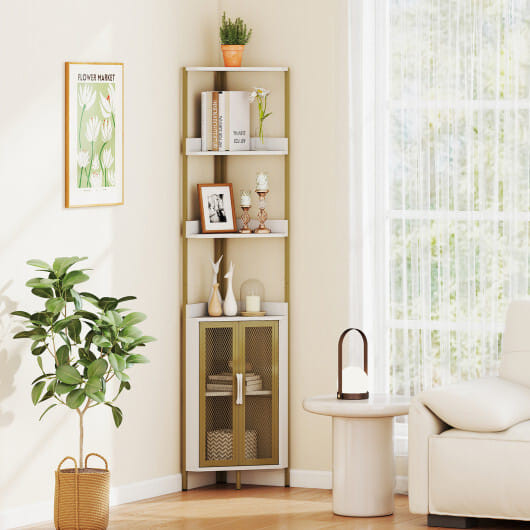 6-Tier Corner Shelf 67 Inches Tall Corner Bookshelf with Cabinet Industrial Bookcase-Brown