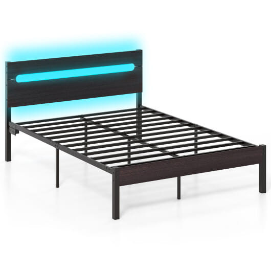 Heavy-Duty Metal Slats Support Bed Platform with Charging Station-Walunt