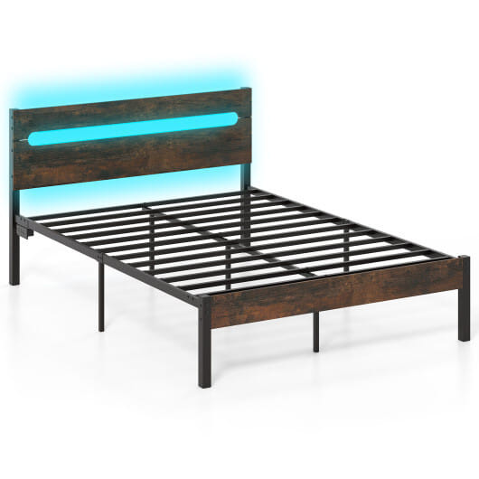 Heavy-Duty Metal Slats Support Bed Platform with Charging Station-Walunt