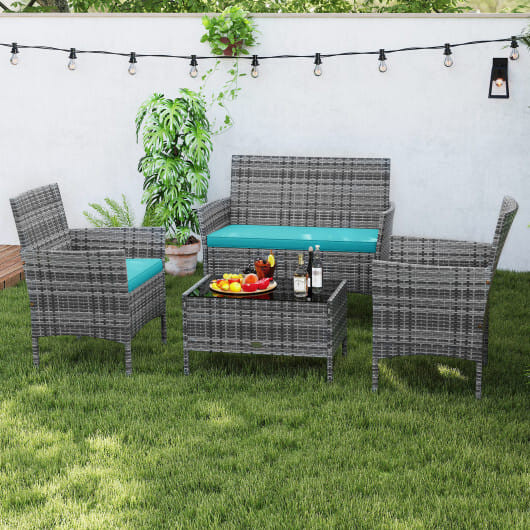 4 Pieces Patio Rattan Conversation Set with Tempered Glass Coffee Table-Gray