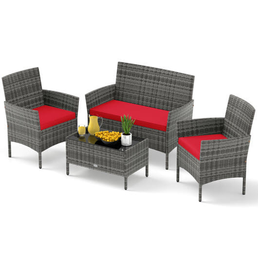 4 Pieces Patio Rattan Conversation Set with Tempered Glass Coffee Table-Gray