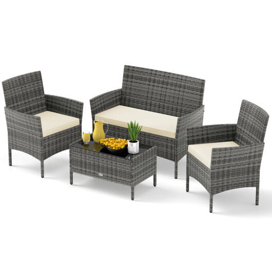 4 Pieces Patio Rattan Conversation Set with Tempered Glass Coffee Table-Gray