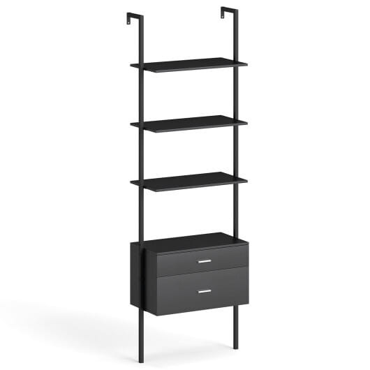 6-Tier Ladder Bookcase with 2 Drawers and Metal Frame-Black