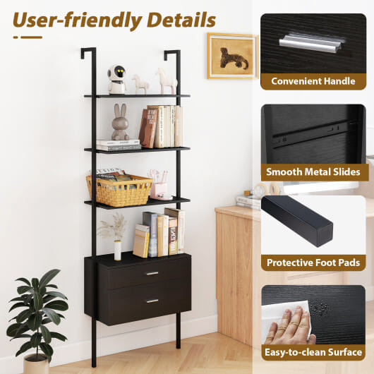 6-Tier Ladder Bookcase with 2 Drawers and Metal Frame-Black