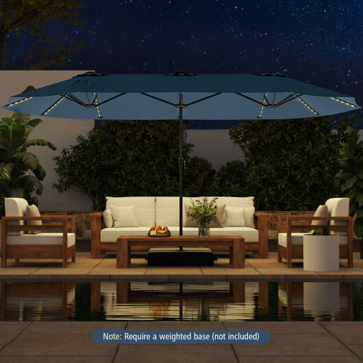 15.5 FT Extra-Large Patio Umbrella with LED Solar Lights and Crank Handle-Beige