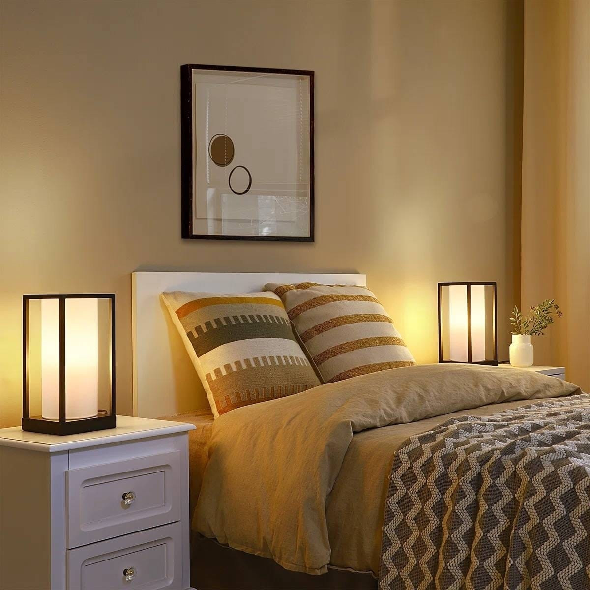 Set of 2 - Japanese Style USB Table Lamp with White Linen Shade and LED Bulbs