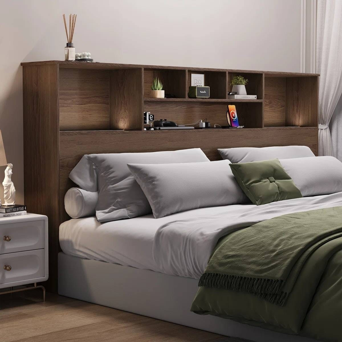 King size Bookcase Headboard in Brown Wood Finish with LED Lights