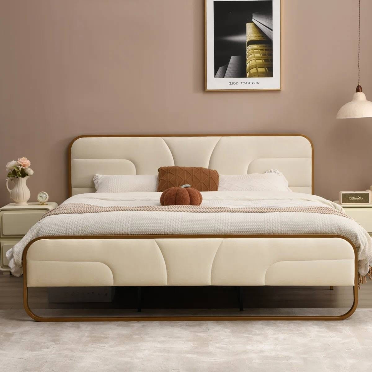 King Beige Upholstered Headboard Footboard Platform Bed with Gold Metal Frame