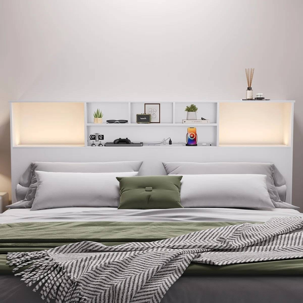 King size Bookcase Headboard in White Wood Finish with LED Lights