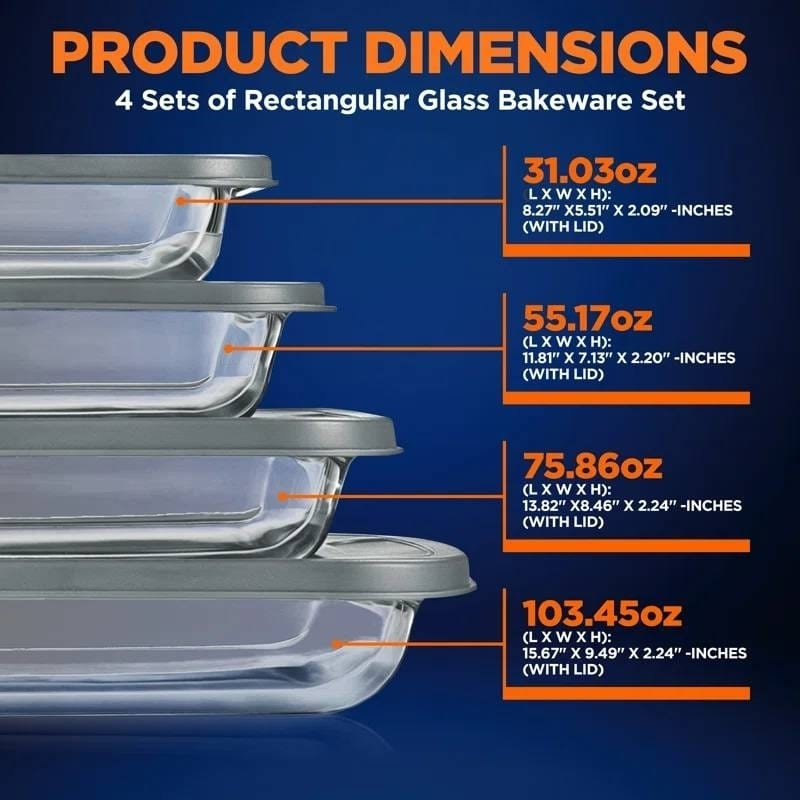 Set of 4 - Rectangular Oven Safe Glass Bakeware Set with Grey Plastic Lids