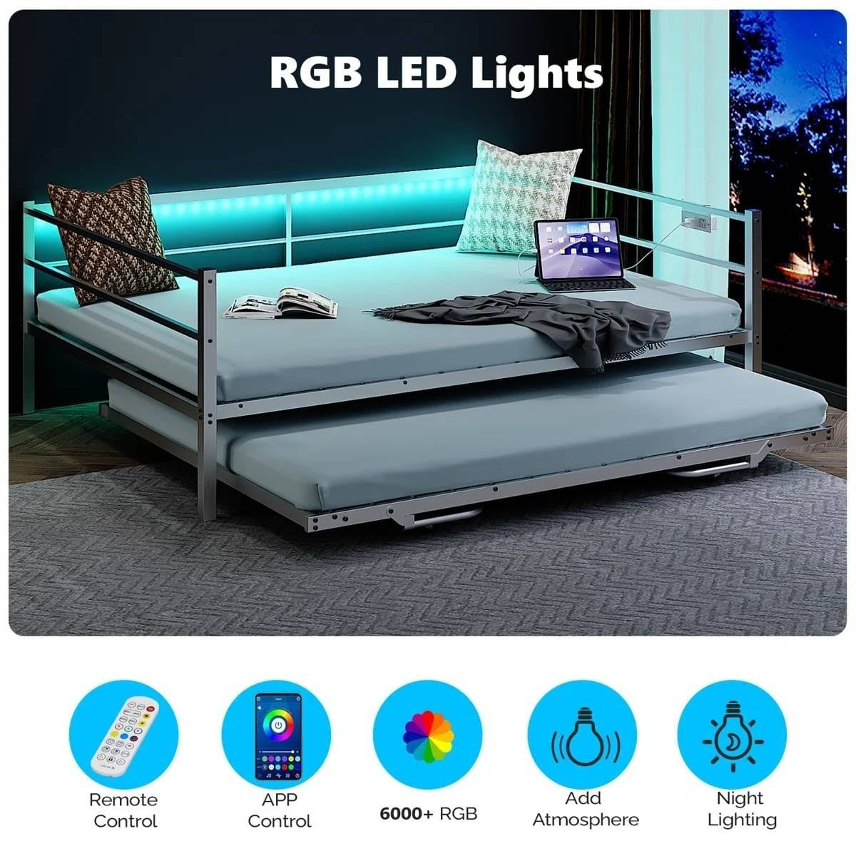 Full size White Metal Daybed with Twin size Pop Up Trundle and LED Lights
