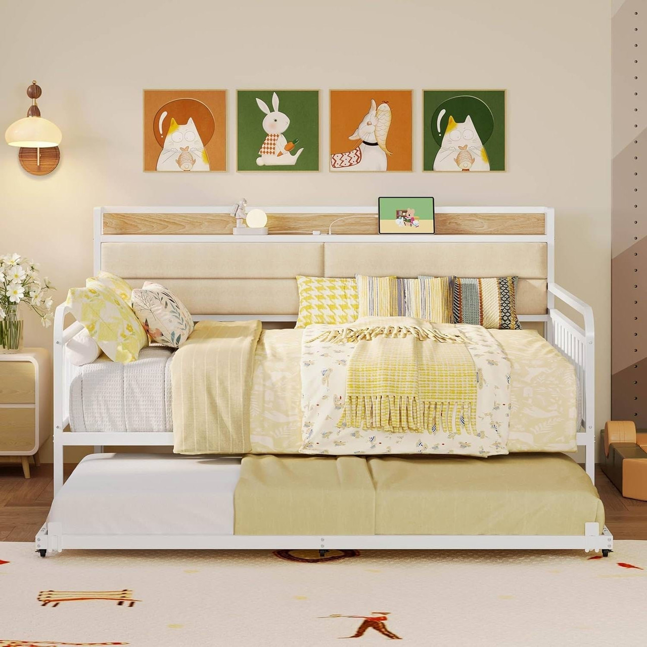 Full size White Metal Daybed with Upholstered Headboard and Twin Trundle