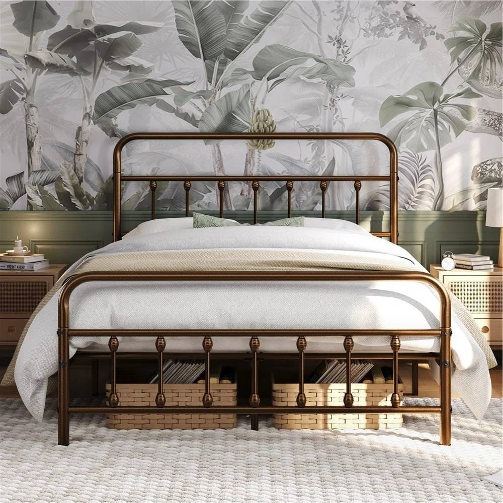 Full size Vintage Bronze Metal Platform Bed Frame with Headboard and Footboard