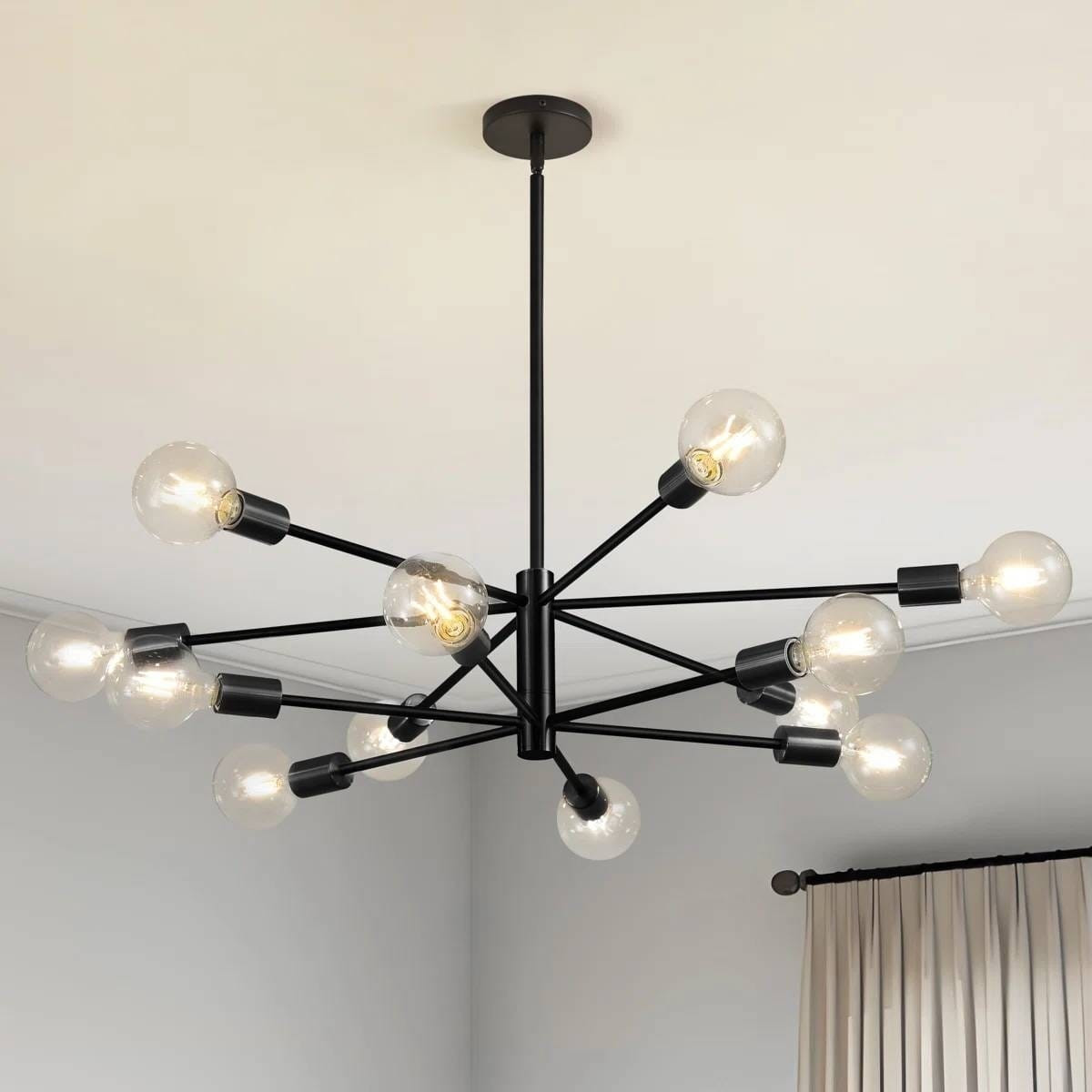 Black 33-inch Modern 12-Light Dimmable Sputnik Chandelier Lamp