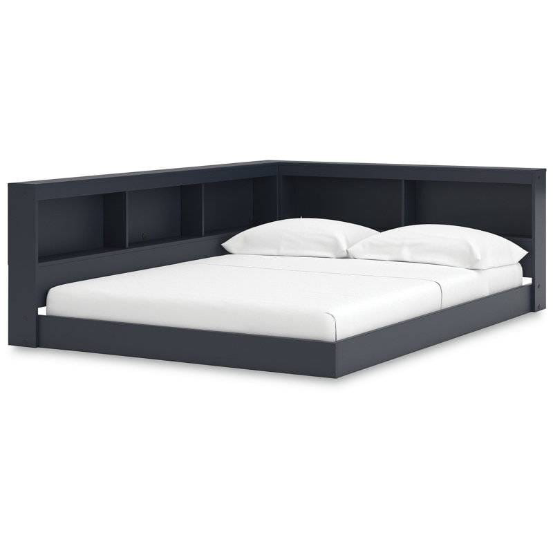 Full size Blue Wooden Corner Storage Bed with Bookcase Headboard and USB Ports