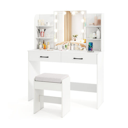 Vanity Set with Lighted Mirror and Stool with Power Outlet-Black