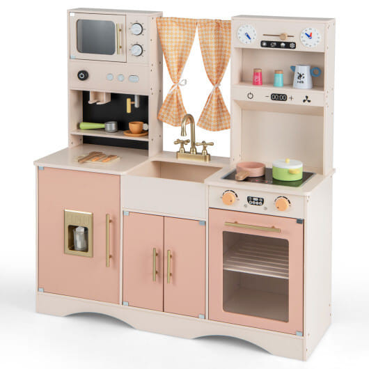 Kids Kitchen Playset with Microwave and Coffee Maker for Ages 3+-Pink