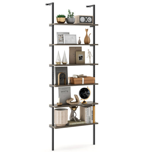 6-tier Ladder Shelf 72 Inches Industrial Wall Mounted Bookshelf-Rustic Brown