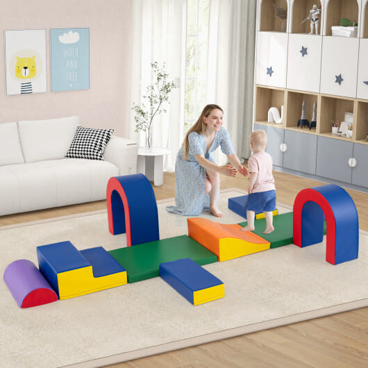 10-Piece Foam Climbing Blocks Soft PU Leather Play Gym Lightweight Baby Climber Structures-Multicol