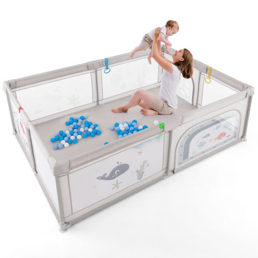 Large Baby Playpen with Pull Rings Ocean Balls and Cute Pattern-Penguin