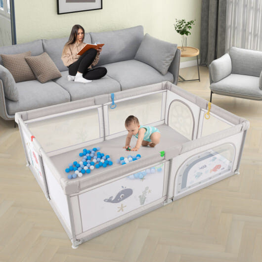 Large Baby Playpen with Pull Rings Ocean Balls and Cute Pattern-Penguin