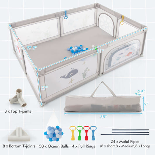 Large Baby Playpen with Pull Rings Ocean Balls and Cute Pattern-Penguin