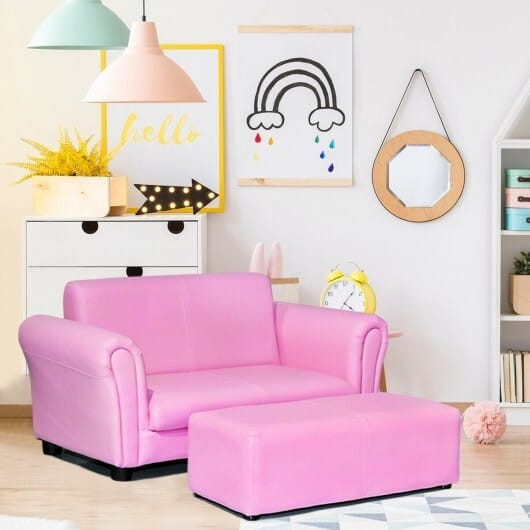 Black/White Kids Double Sofa with Ottoman-Black