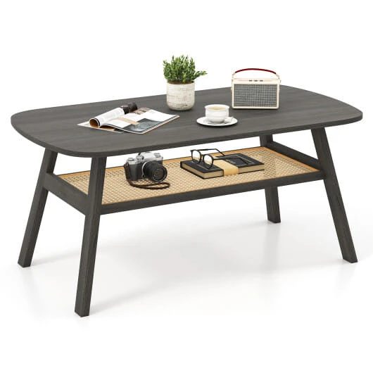 2-Tier Rectangular Center Coffee Table with Rattan Storage Shelf and Rubber Wood Legs-Dark Gray