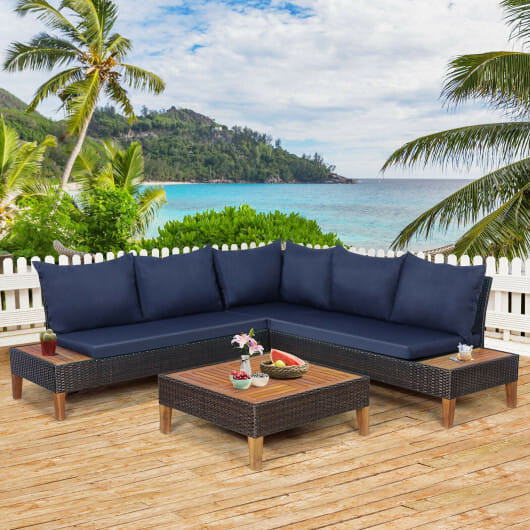 4 Pieces Patio Cushioned Rattan Furniture Set with Wooden Side Table-Turquoise
