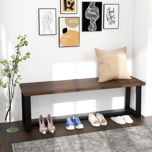 Wood Dining Bench with Metal Frame and Adjustable Footpads-Black