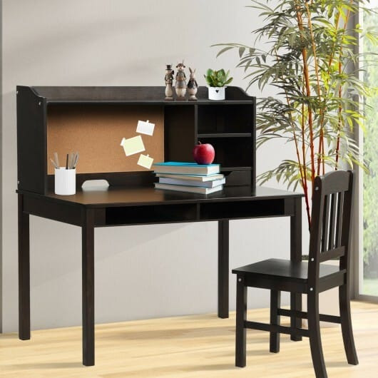 Kids Desk and Chair Set Study Writing Desk with Hutch and Bookshelves-White