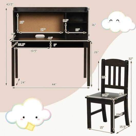 Kids Desk and Chair Set Study Writing Desk with Hutch and Bookshelves-White