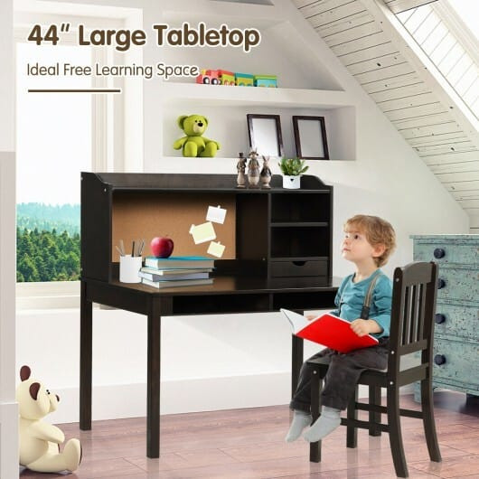Kids Desk and Chair Set Study Writing Desk with Hutch and Bookshelves-White