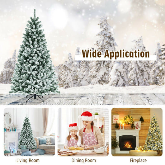 8 Feet Pre-lit Snow Flocked Christmas Tree with Tips and Metal Stand-8 ft