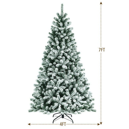 8 Feet Pre-lit Snow Flocked Christmas Tree with Tips and Metal Stand-8 ft