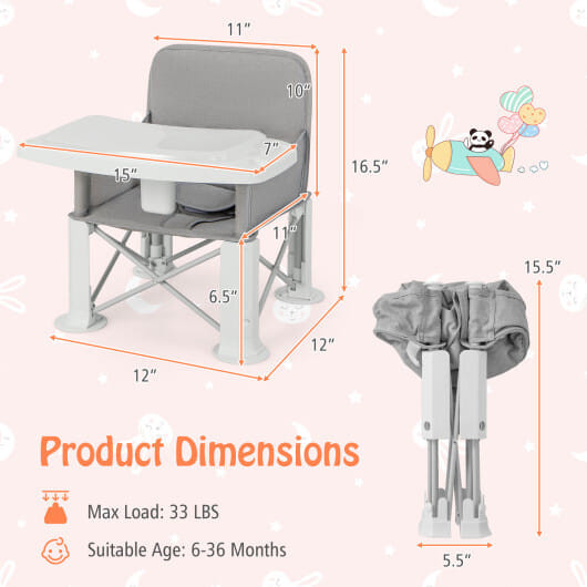 Portable Baby Booster Seat with Straps and Double Tray-Gray