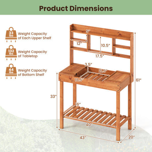 Wooden Potting Bench Table  61" Garden Planting Workstation with 3-Tier Open Shelf-Brown